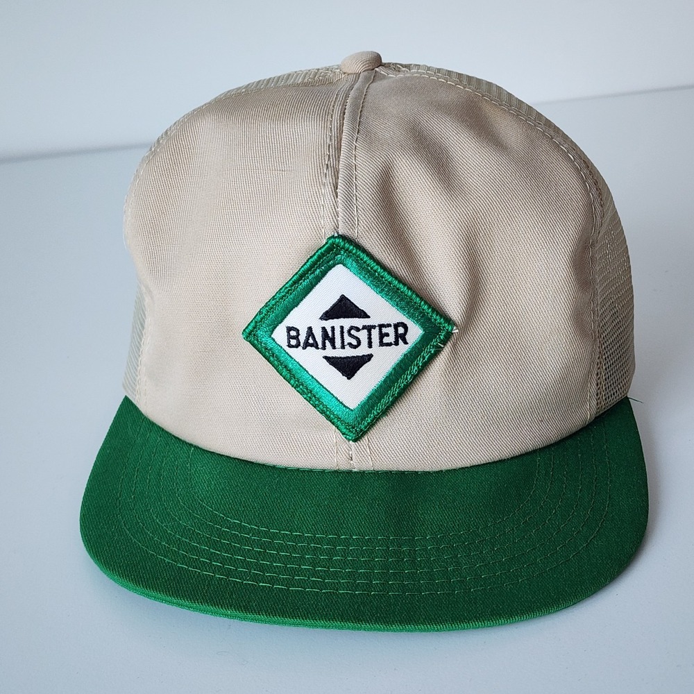 Vintage Banister Trucker Hat Baseball Cap Snapback Patch 80s Mesh Green Beige